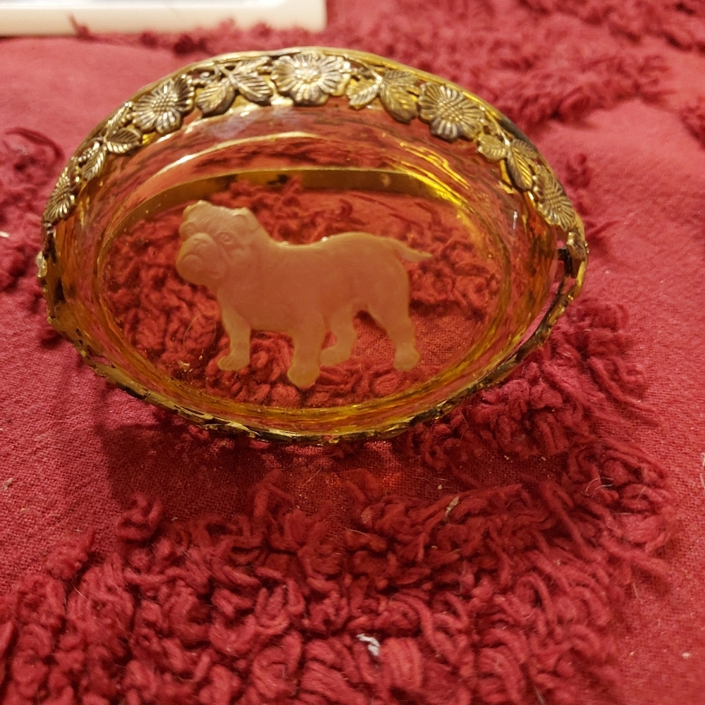 Ormolou Brass And Amber Carved Bulldog Basket